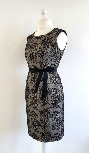 Precis Lace Dress Size 10 Black Over Nude Shift Bow Belt Occasion Party LBD - Picture 6 of 9