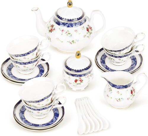 fanquare Bone China Teeservice für Erwachsene, 21-teilig Blau & Rosen Porzellan Teeservice