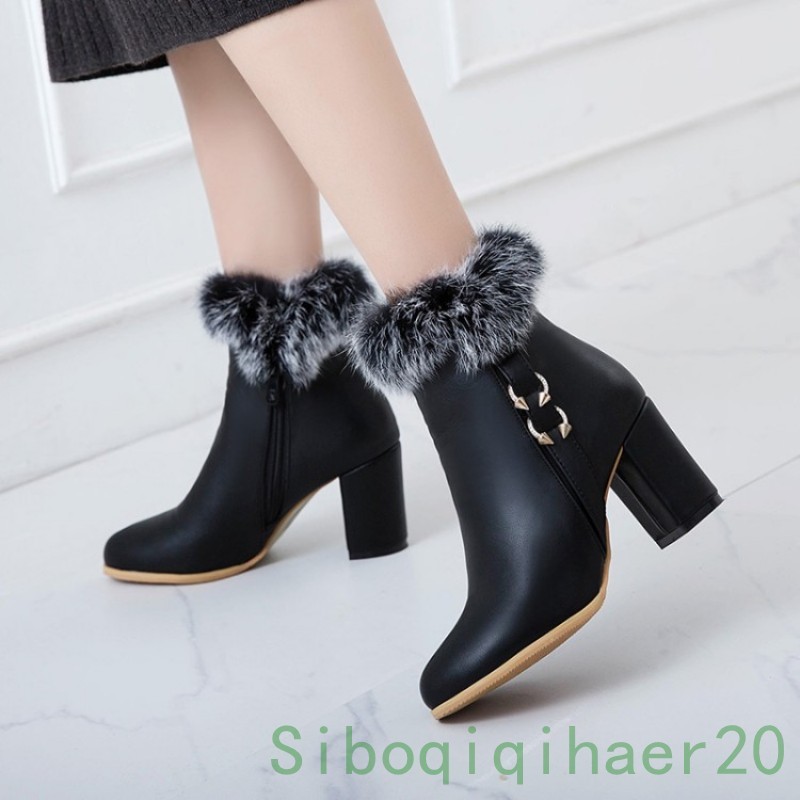 Stylish Womens Pointy Toe Block Heel Heel Heel Rabbit Fur Winter Ankel Boots Warm shoes SI 7293cd Stylish Womens Pointy Toe Block Heel Heel Heel Rabbit Fur Winter Ankel Boots Warm shoes SI 7293cd