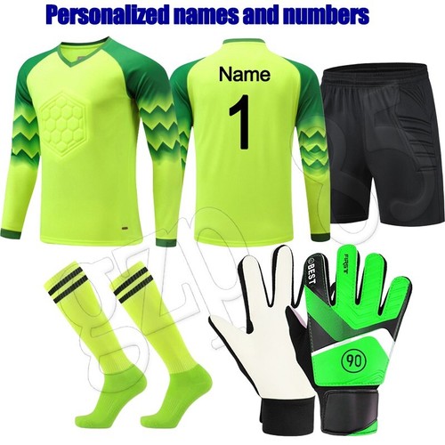 Football Kids Boys Goalkeeper kits Shirt Gloves Shorts Padded Elbow Goalie Sets - Picture 24 of 25