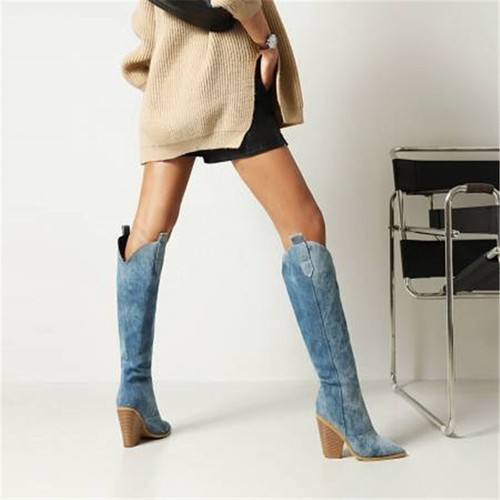 Women Denim Cowboy Boots Block Heel Pointy Toe Chelsea Riding Biker Knee High - Picture 5 of 8