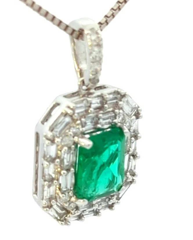 Video 1,85 quilates oro blanco macizo 14K esmeralda natural diamante halo colgante diseñador  Foto 2 de 4