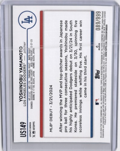 Actualización Topps 2024 - Yoshinobu Yamamoto novato numerado #'d #US149 azul/999 - Imagen 2 de 2