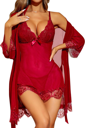 Women's Sexy 3 Piece Lingerie Set ,Lace Kimono Robe & Babydoll Chemise Nightgown - Picture 19 of 22
