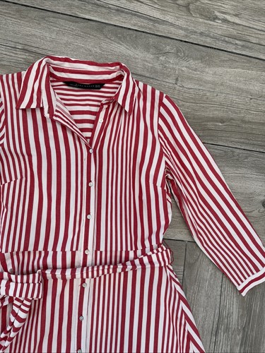 Zara Long Red White Striped Collar Belted Shirt Dress Size XS - Picture 3 of 9