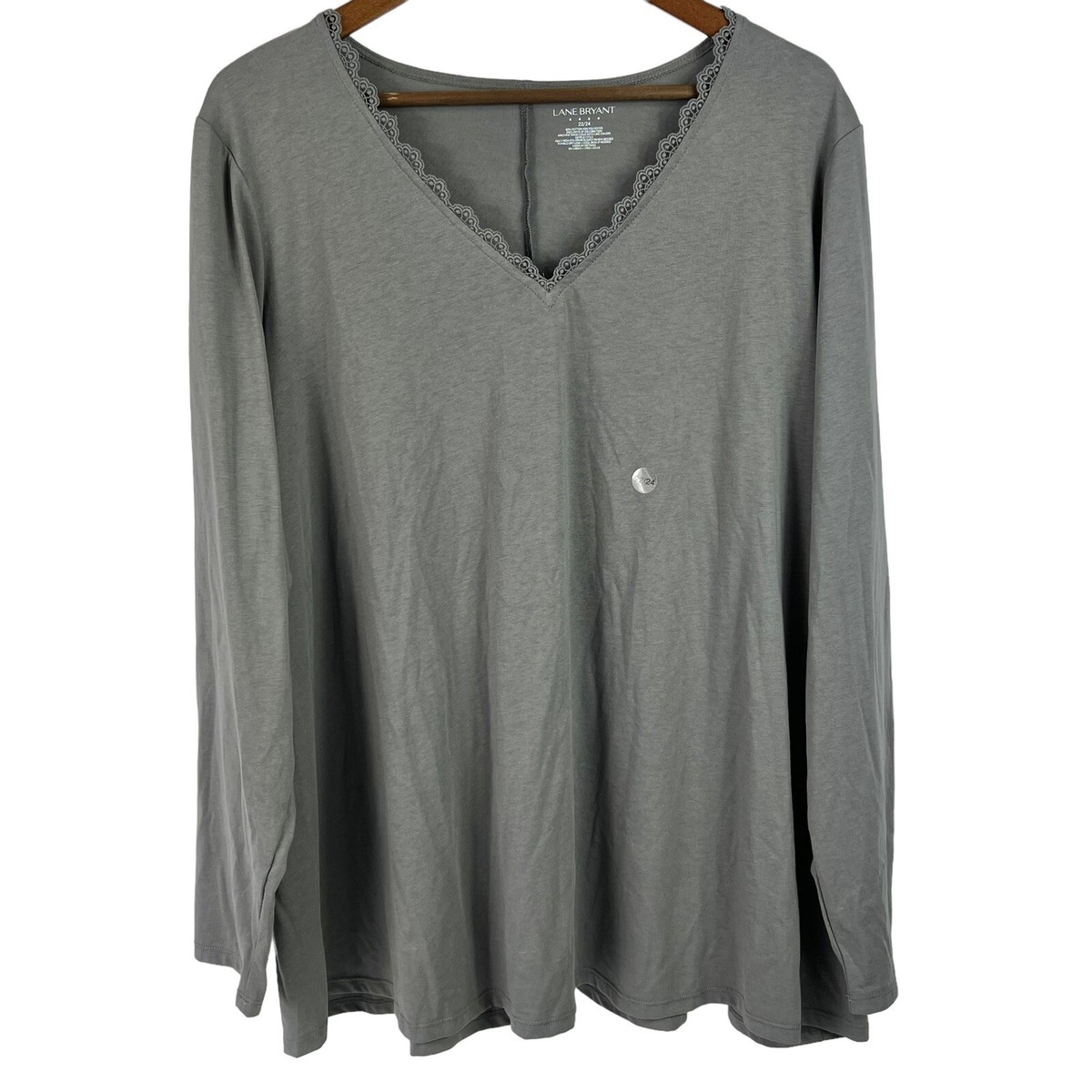 Lane Bryant Top Shirt Plus Size 22 24 Gray V-Neck Lace Trim Long