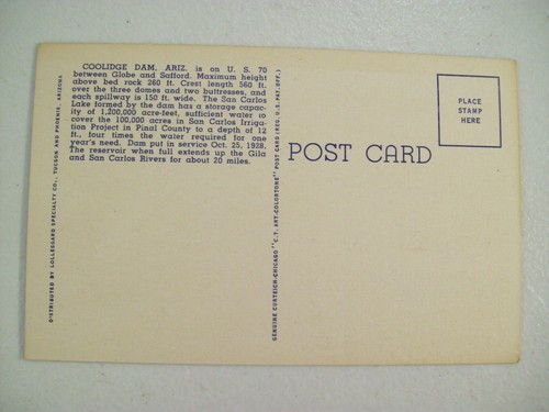 Postal de lino Coolidge Dam Arizona, D-16, sin usar, vintage - Imagen 2 de 2
