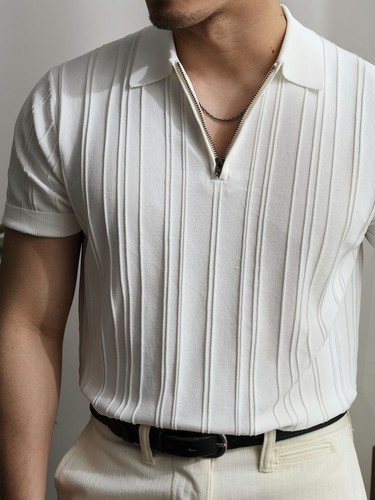 Polo de manga corta tejido con cremallera para hombre, camiseta retro de cuello suelto para M - Imagen 20 de 23