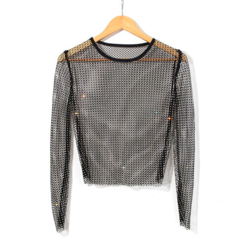 T-Shirt sexy durchsichtige Langarm Strass Club Party Top Dame Fischernetz Tops - Bild 3 von 19