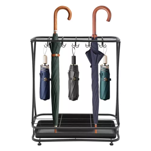 Metal Umbrella Holder Stand Rack Organizer + Drip Tray (18 Slots 20 Hooks) Black - Foto 3 di 6