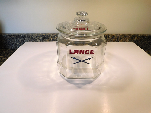 Seltene 9" Lanze 1930er Ladentheke 8-seitiges Glas gekreuzt blau Erdnuss Snack Lebensmittel Glas