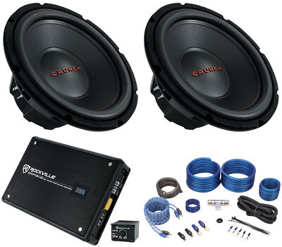 (2) Crunch CRW12D4 12'' 800w Subwoofers DVC 4 Ohm Car Subs+Mono Amplifier+Amp Kit