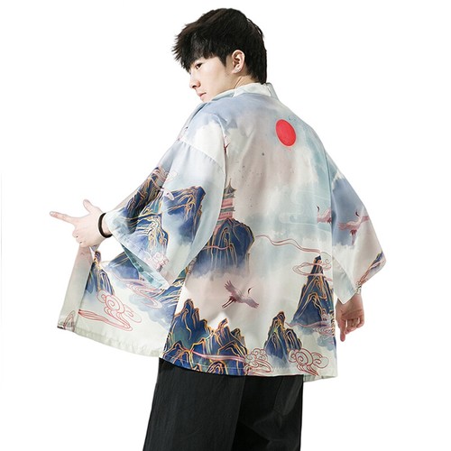 Men Loose 3/4 Sleeve Yukata Kimono Robe Cardigan Haori Shirt Tops Oriental - Picture 13 of 15
