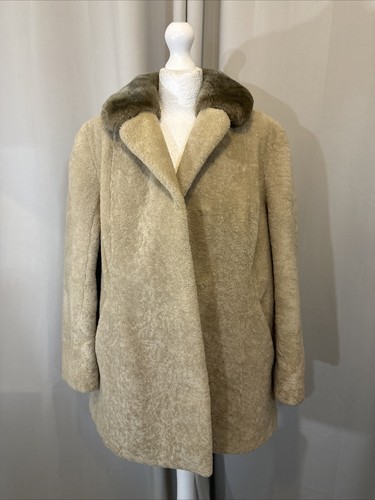 Real Fur Swedish Lamb Sheepskin Shearling Teddy Khaki & Beige Vintage Coat FR373 - Picture 8 of 17
