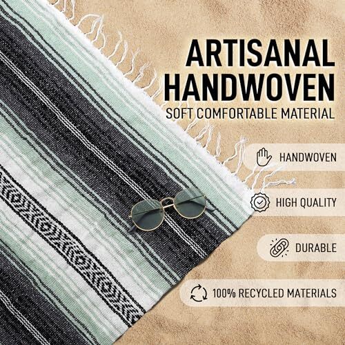 Authentic Extra Large Mexican Blanket (70"x50") - Handwoven Yoga Aqua Green - Bild 5 von 6