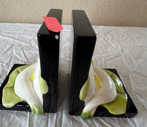 Vintage Japan Bookends Ceramic Black Floral Calla Lily Modernist MCM Flowers - Picture 3 of 9