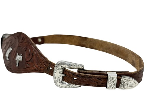 Vintage 50er Sterling Silber Western Ranger Leder verziert Kinder Gürtel Gr. 24 - Bild 4 von 7