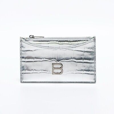 BALENCIAGA Sablier Cuir Porte Monnaie et Carte Logo magasin Argent Crocodile