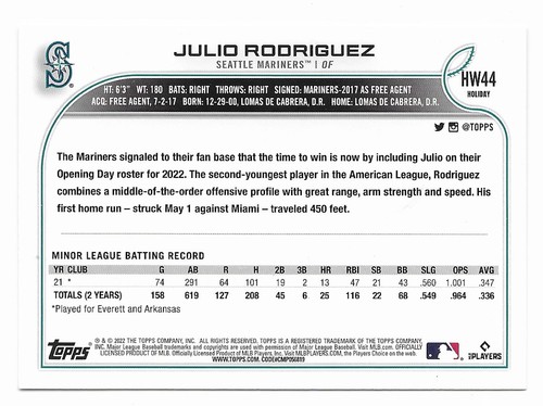 2022 Topps Holiday Holiday Variation Short Print Julio Rodriguez (HW44) RC SP - Picture 2 of 2