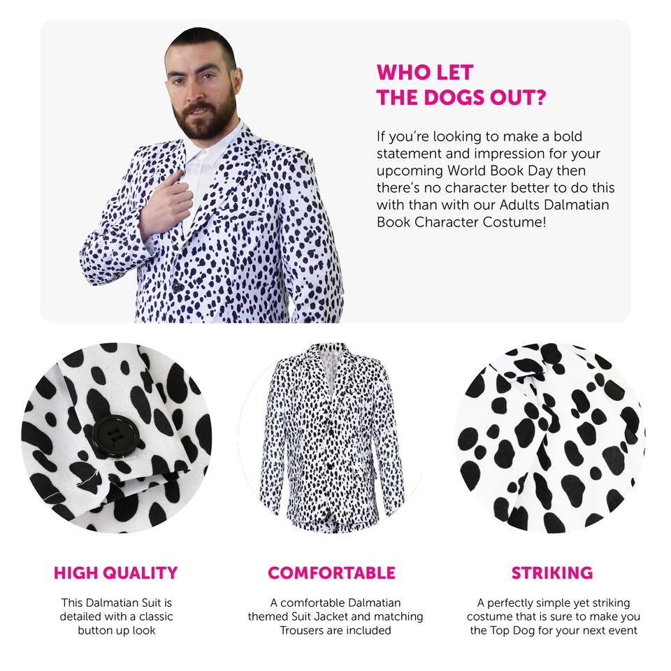 MENS DALMATIAN SUIT COSTUME DOG DALMATIAN FILM BOOK DAY PRINT TUXEDO FANCY DRESS - Image 2 of 4