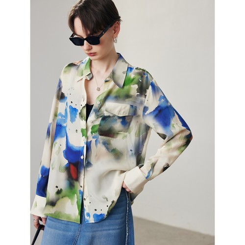 Womens Floral Print Long Sleeve 100% Real Silk Blouse Button Shirt Office Ladies