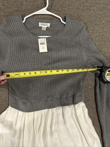 NWT Motherhood Woven Sweater Mixed-Media Babydoll Top | Gray; White Bottom | Lg - Picture 8 of 11