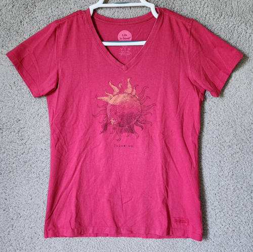 Life is Good Damen S Classic Fit Kurzarm T-Shirt Shine On Sun Grafik Rot