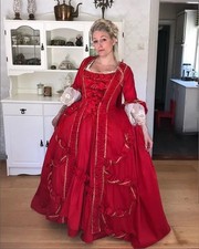 Gothic Victorian Evening Gowns Red Satin Pleated Corset Laced Cosplay Medieval