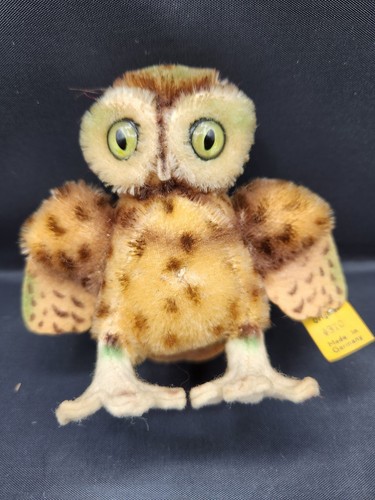 Steiff Wittie Eule 4" Mohair leuchtend grüne Glasaugen drehbarer Kopf Knopf Anhänger Vintage - Bild 6 von 9