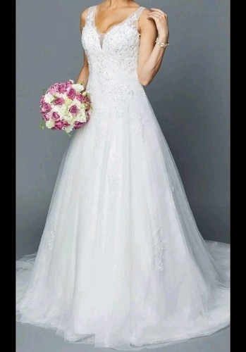 DRESS Lovely wedding dress long train sleeveless 399W A-Line Applique V-neck XS - Picture 5 of 11