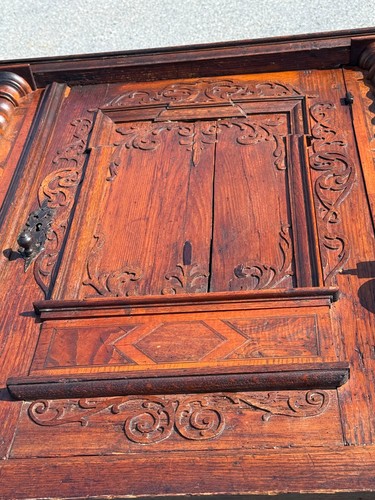 Antique carved oak cupboard cabinet table German victorian 19th iron jacobean - Picture 13 of 24