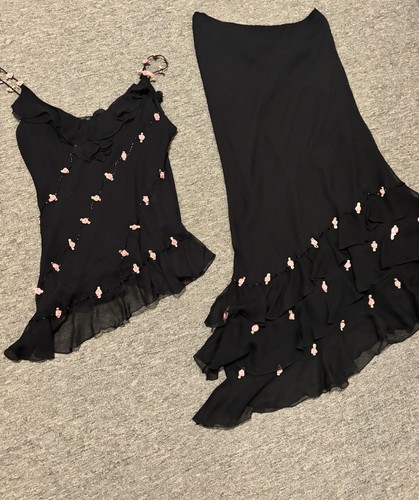 Set canottiera e gonna Y2K Eci New York taglia 12 seta 3D rosa floreale leggi des - Foto 1 di 14