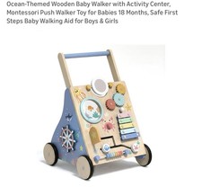 Ocean-Themed Wooden Baby Walker with Activity Center, Montessori Push Walker ...