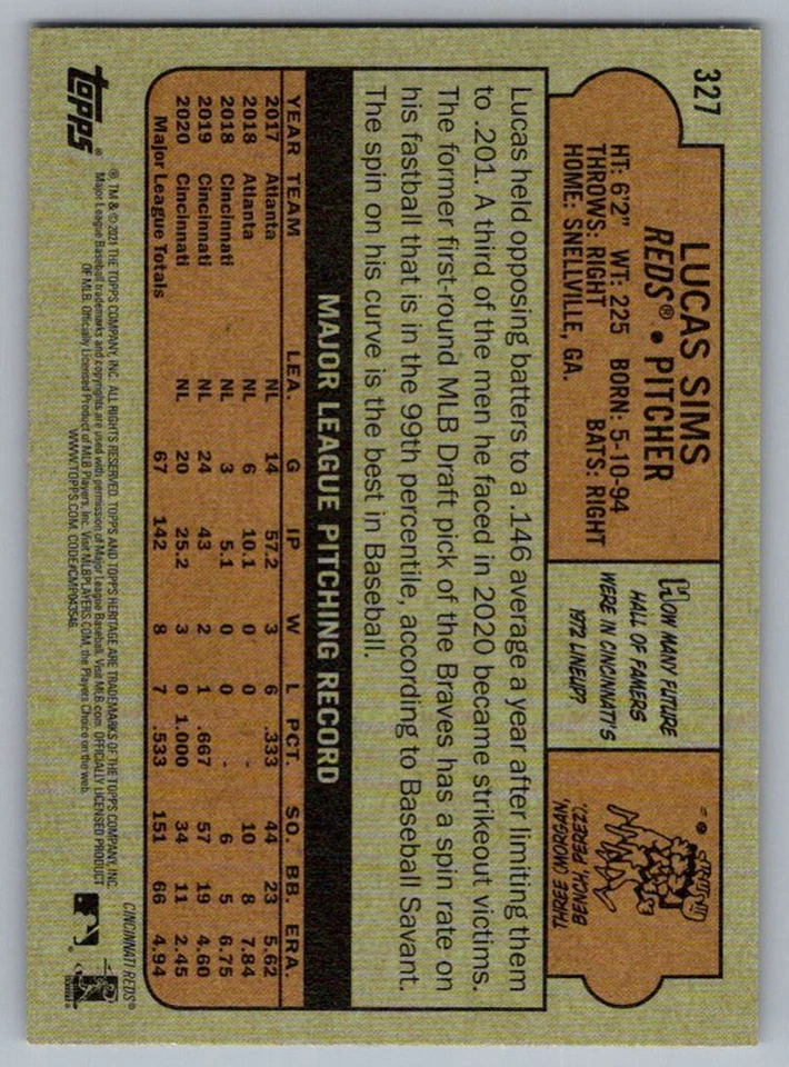 2021 Topps Heritage Lucas Sims Cincinnati Reds #327 - Image 2 of 2
