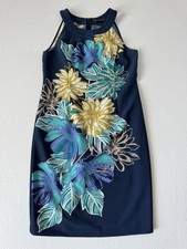 Jessica Howard Blue Floral Sheath Dress Halter Neck Sleeveless Size 12 Polyester