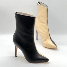 RAYE Two Tone Leather Boots Womens 7 Black Cream Heeled Ankle Pointy Almond NEW