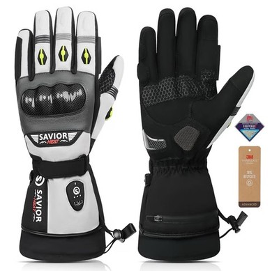 SAVIOR HEAT Heated Motorcycle Gloves for Men & Women, Black & White, Large