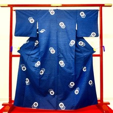 Japanese Kimono 'TSUMUGI' Silk/Dark blue/Flower/History/Length:167cm N1041