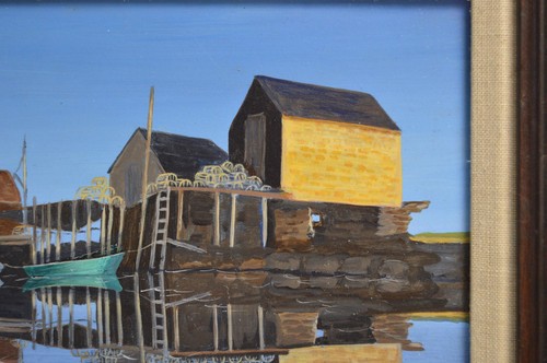 Opera d'arte originale d'epoca molo mare spiaggia casa mare pesca barche molo firmato - Foto 5 di 19