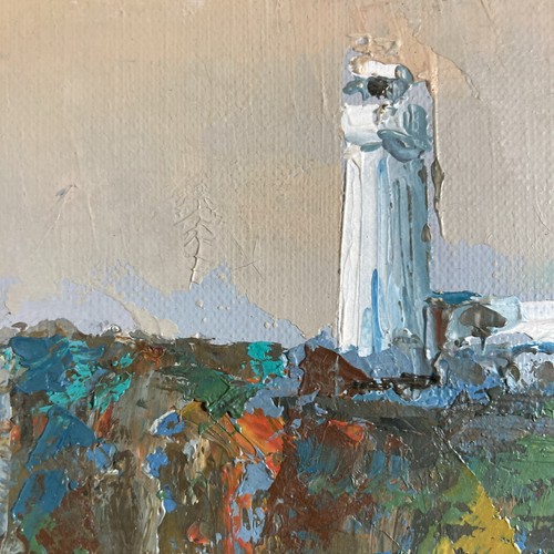 Pintura al óleo original vintage paisaje marino barco océano faro playa puesta de sol firmada - Imagen 5 de 15