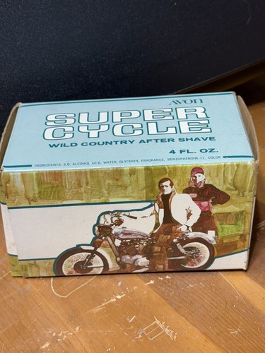 AVON  1971  SUPER  CYCLE  WILD  COUNTRY AFTER SHAVE collectors container and Box