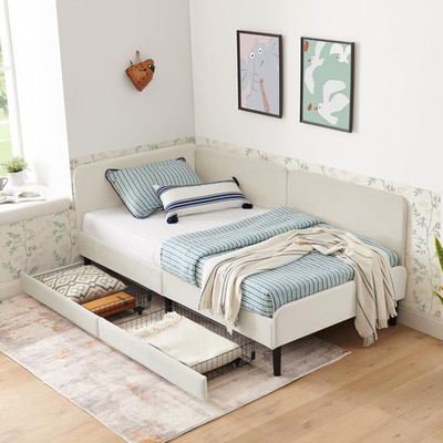 Twin Velvet Platform Bed with Storage Drawers & Adjustable Backrest, Beige