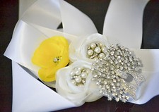 HANDMADE BRIDAL/FLOWER GIRL SATIN WHITE RIBBON SASH WHITE/YELLOW FLOWERS