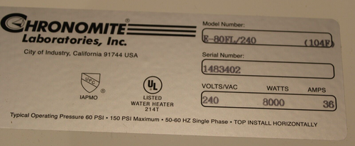 Chronomite E-80FL/240 - 8kW, 36Amps @ 240V Electric Tankless Water Heater - Picture 4 of 6