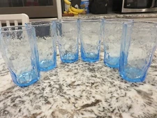 6  Morgantown Seneca Driftwood 4" Glass Peacock Blue Crinkle Juice Tumblers