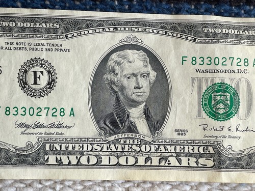 ✅ 1995 Green A Two Dollar Bill Circulated - Picture 3 of 14