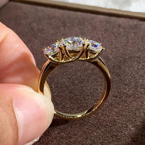 4Ct Round Moissanite Three Stone Engagement Ring 14K Yellow Gold Plated - Picture 3 of 4