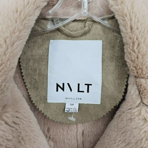 NVLT Coat Jacket S Green Beige Faux Fur Suede Leather Shearling Sherpa Moto New - Picture 2 of 13
