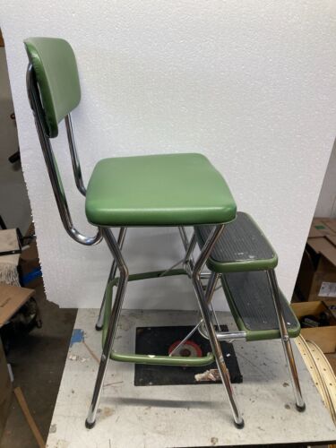 Mid-Century Cosco Green Metal Fold Out Step Stool Chair Chrome Legs - Picture 2 of 15