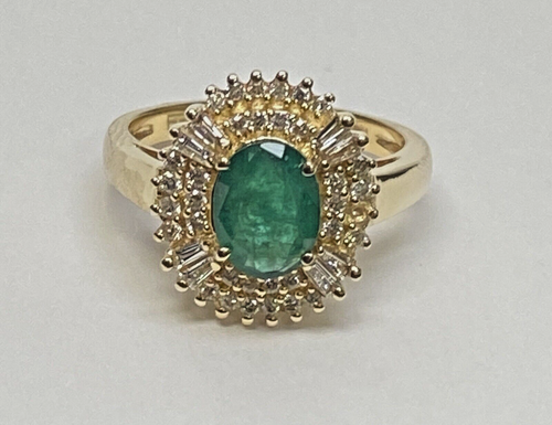 Effy Baguette & Diamond & 1.25 ct Oval Green Emerald Stone 14K Yellow Gold Ring - Picture 7 of 24